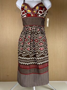 a.n.a Boho Ethnic Diamond Print Sundress Brown Red Sleeveless Size 6 NWT
